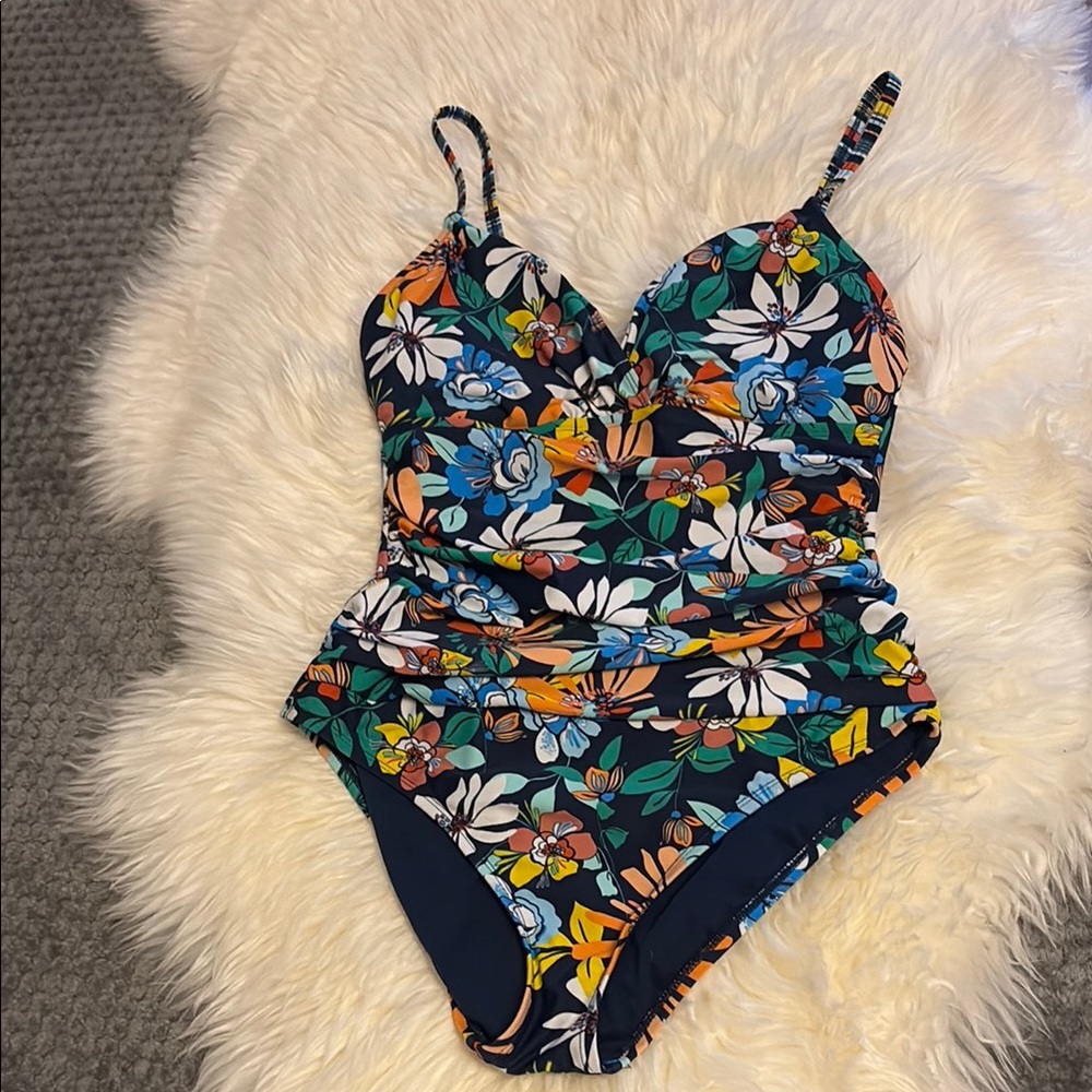 Ellen Tracy Blue and Orange One Piece Swimsuit with Adjustable Straps